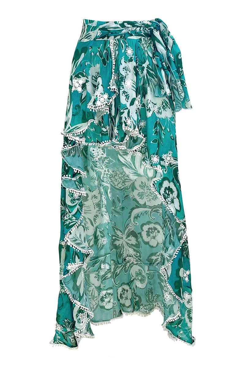 Falda Asimétrica Izzy – verde – estampado floral blanco – estilo bohemio – Miss June Paris – 5