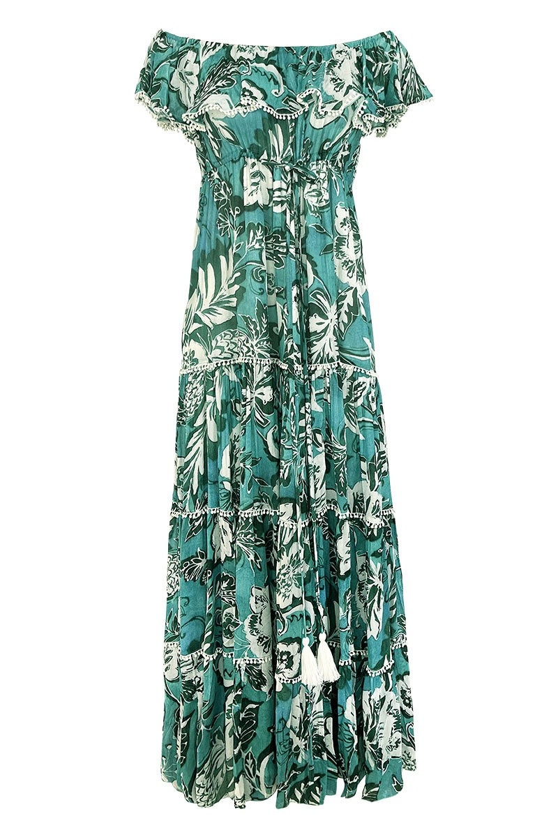 Vestido Largo Erica - verde/azul - estampado floral - estilo bohemio - hombros descubiertos - Miss June Paris - 5
