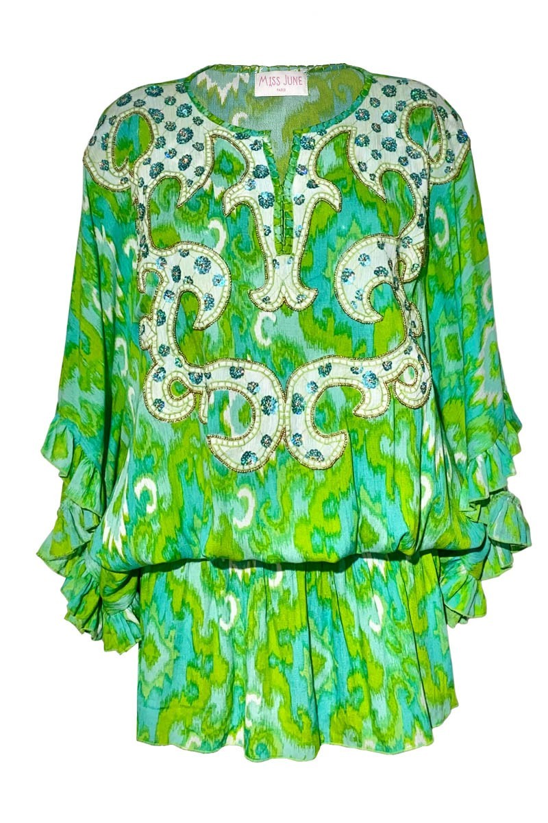 Mavis Mini Dress - Green - Long Sleeves - Decorated Plastron - Golden Details - Bohemian - Miss June Paris - 3