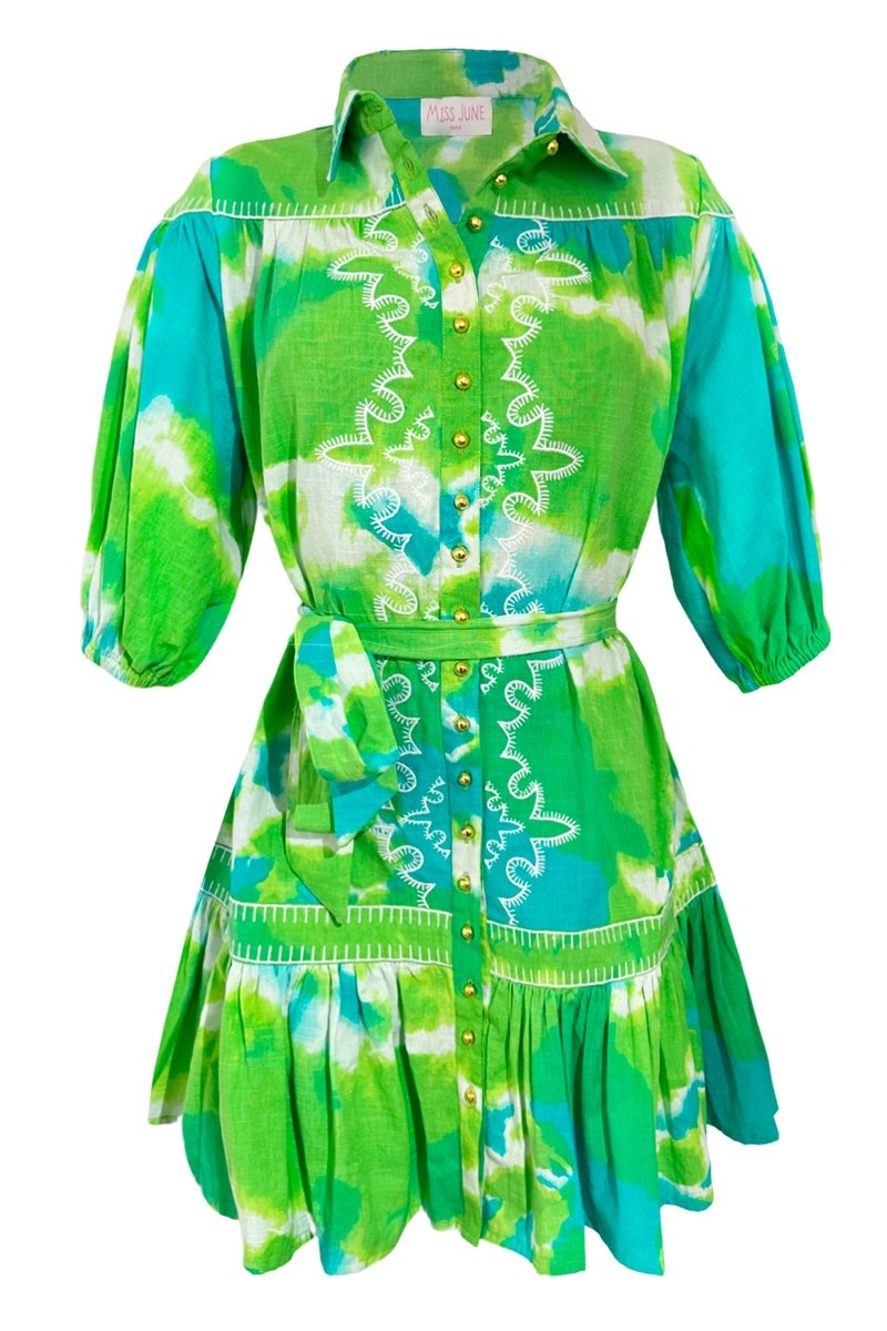 Robe Courte Victoria - verte/aqua -manche courte - motif tie & dye - ceinture assortie - bohème  - Miss June Paris - 5