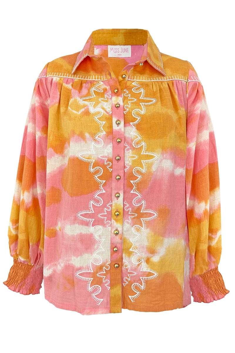 Chemise Hayley - rose/orange -manche longue bouffante - motif tie & dye - bohème  - Miss June Paris - 5