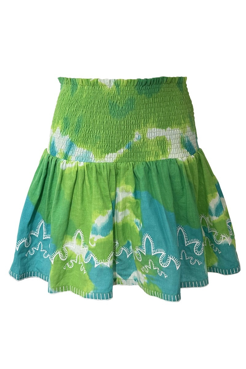 Jupe Lelya - verte/aqua - détails brodés - style smocké - motif tie & dye - bohème  - Miss June Paris - 5