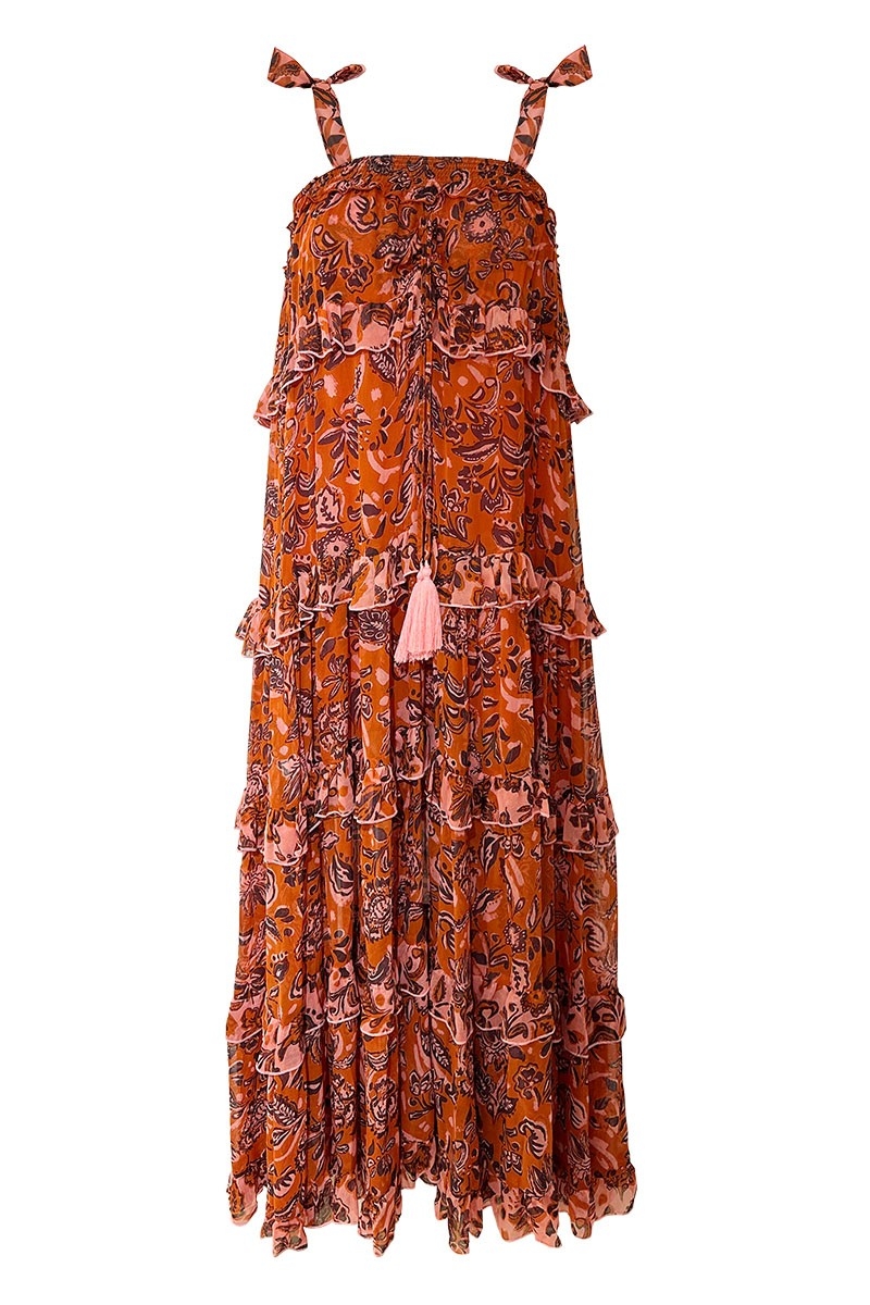 Vestido Largo Vanessa - Naranja - Motivo Floral - Tirantes Ajustables - Pequeños Volantes - Boho Chic - Miss June Paris - 5