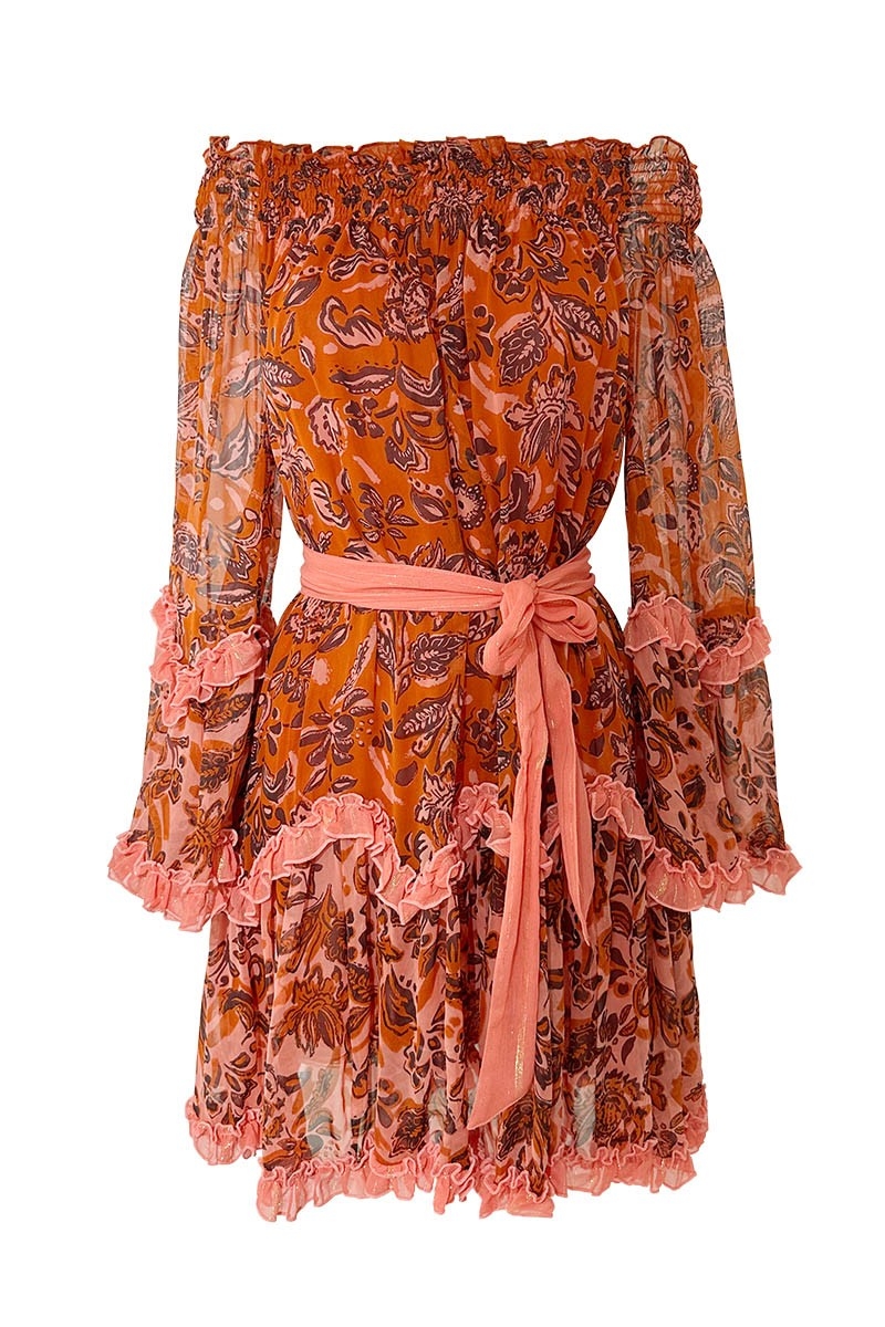 Kurzes Kleid Melissa - orange - Blumenmuster - lange Ärmel - schulterfrei - boho - Miss June Paris - 5