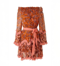 Kurzes Kleid Melissa - orange - Blumenmuster - lange Ärmel - schulterfrei - boho - Miss June Paris - 5