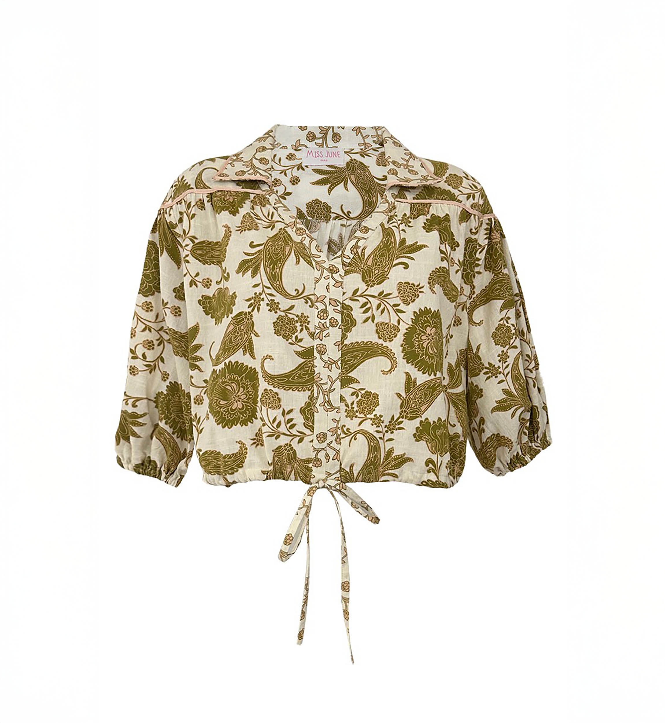 Blouse Demi - ecru - khaki paisley print - V-neckline - tied under the bust - short sleeves - Miss June Paris - 3