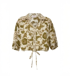 Blouse Demi - ecru - khaki paisley print - V-neckline - tied under the bust - short sleeves - Miss June Paris - 3
