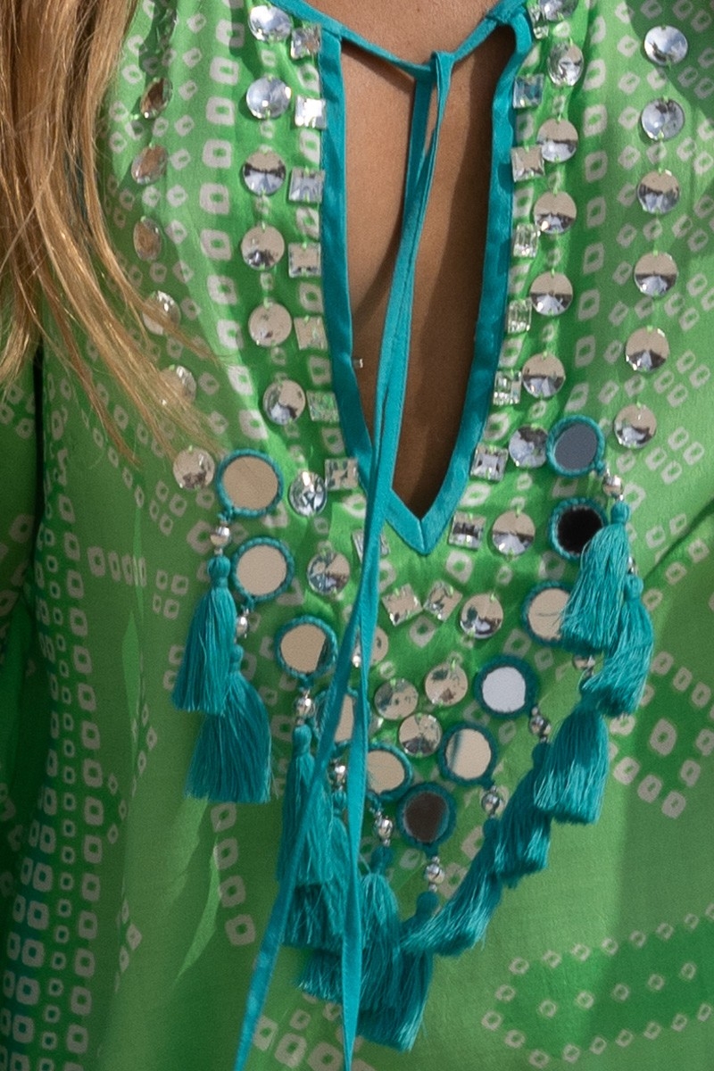 Robe Longue Jorja - verte - plastron décoré - manches longues - bohème - Miss June Paris - 6