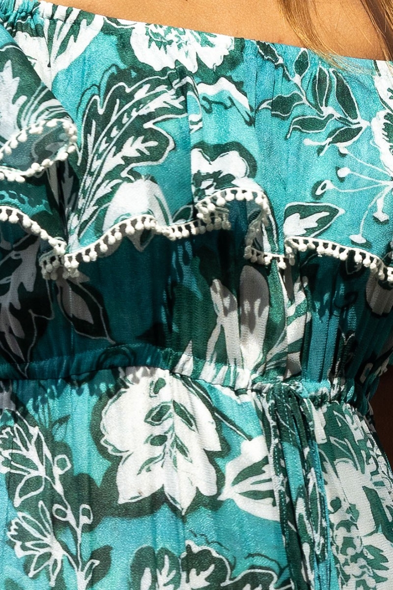 Robe Longue Erica - vert/bleu - imprimé fleuri - style bohème - épaules dénudées - Miss June Paris - 6