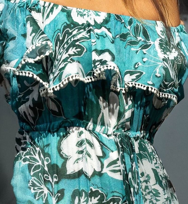 Langes Kleid Erica - grün/blau - Blumenmuster - Boho-Stil - schulterfrei - Miss June Paris - 6