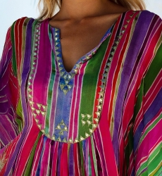 Rosalia Long Caftan - Multicolored Stripes - Decorated Plastron - Long Sleeves - Boho Chic Style - Miss June Paris - 6