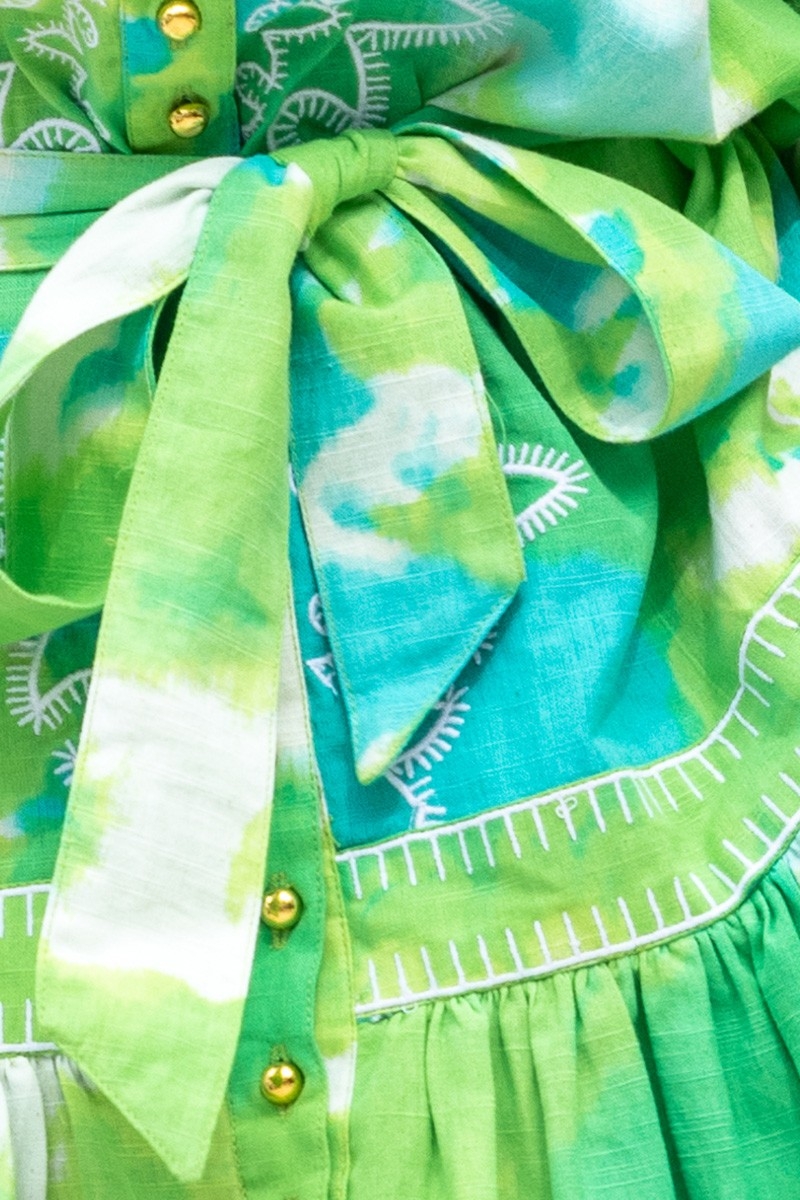 Robe Courte Victoria - verte/aqua -manche courte - motif tie & dye - ceinture assortie - bohème  - Miss June Paris - 7