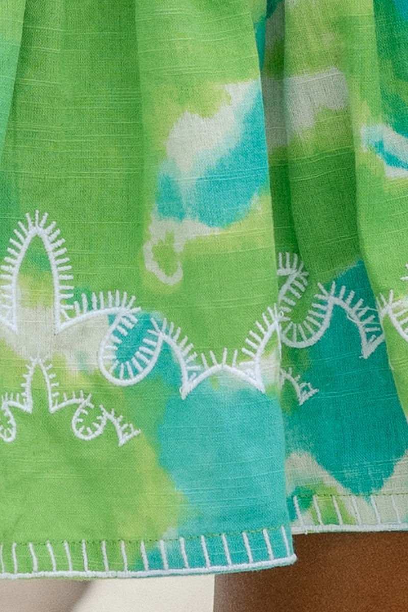 Jupe Lelya - verte/aqua - détails brodés - style smocké - motif tie & dye - bohème  - Miss June Paris - 7