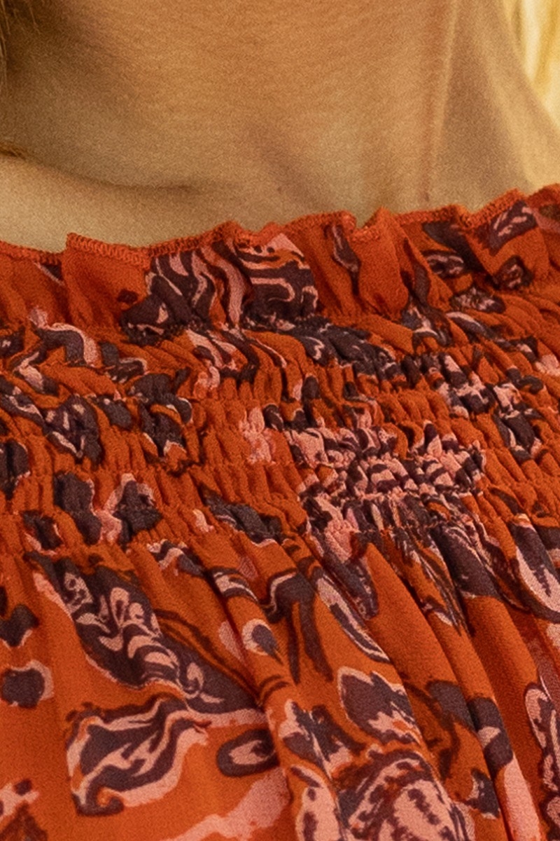 Kurzes Kleid Melissa - orange - Blumenmuster - lange Ärmel - schulterfrei - boho - Miss June Paris - 6