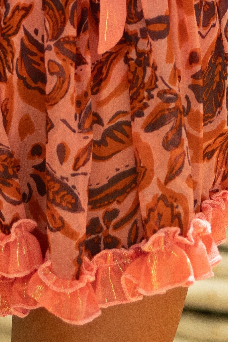 Kurzes Kleid Melissa - orange - Blumenmuster - lange Ärmel - schulterfrei - boho - Miss June Paris - 7