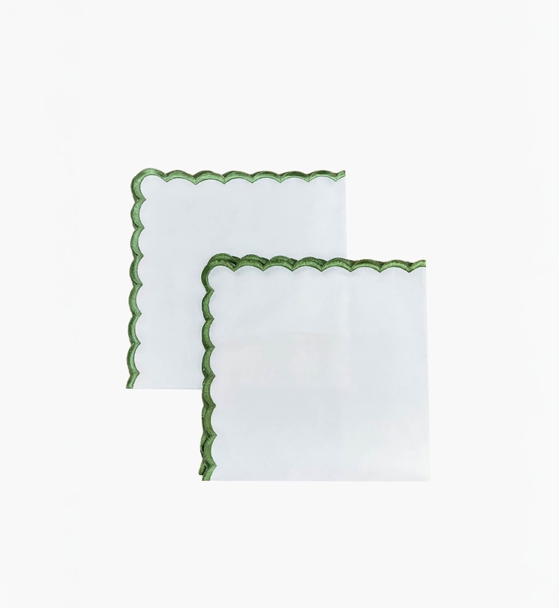 Absinthe Green Servietten-Set (2er-Set) – weiß – 100 % Baumwolle – grüne Stickerei – Jardin Botanique – Miss June Paris – 1